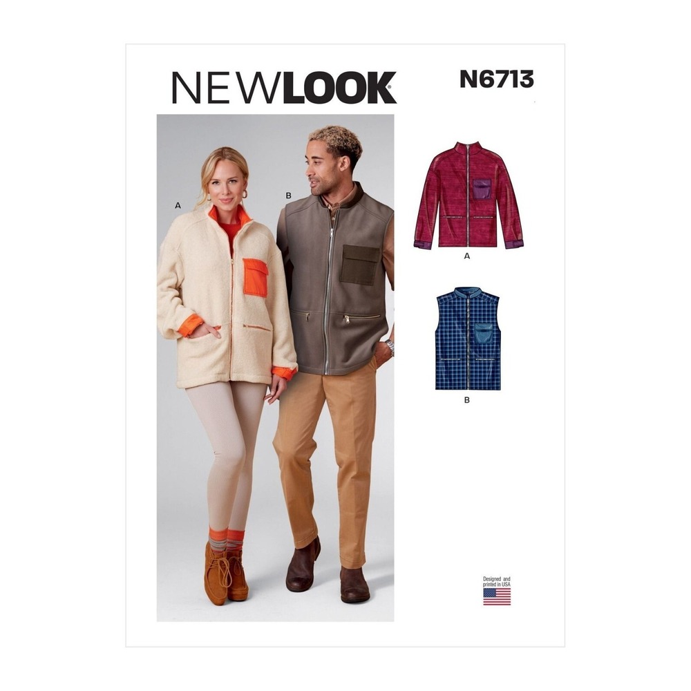 New Look Sewing Pattern N6713 Unisex Zippered Jacket and Vest Size XS-XL